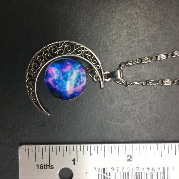 Luvalti Silver Pendant Necklace Crescent Moon Blue Purple Galaxy Retro BoHo - Picture 5 of 6
